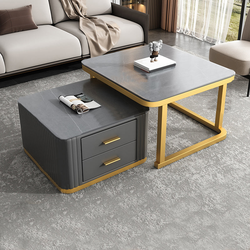 Modern Square Stone Coffee Table with Drawers 2 Nesting Cocktail Table Set