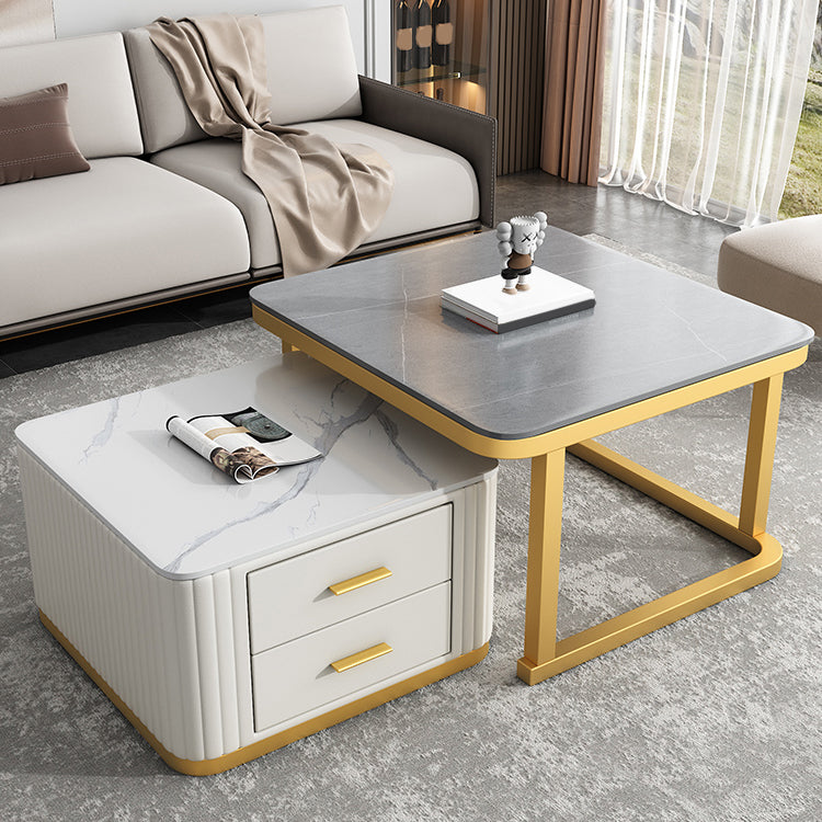 Modern Square Stone Coffee Table with Drawers 2 Nesting Cocktail Table Set