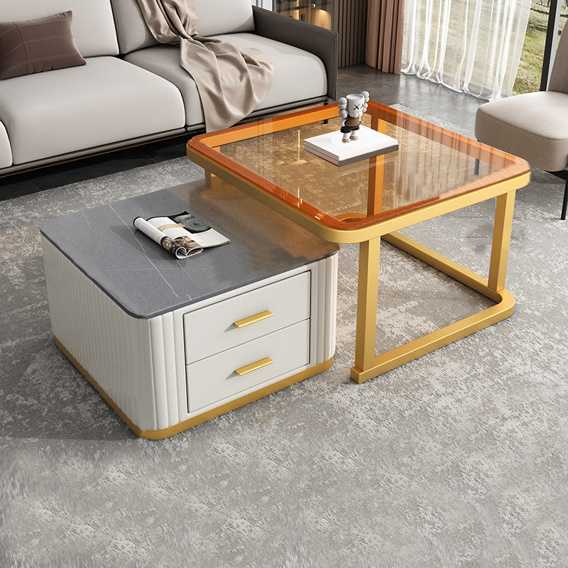 Modern Square Stone Coffee Table with Drawers 2 Nesting Cocktail Table Set