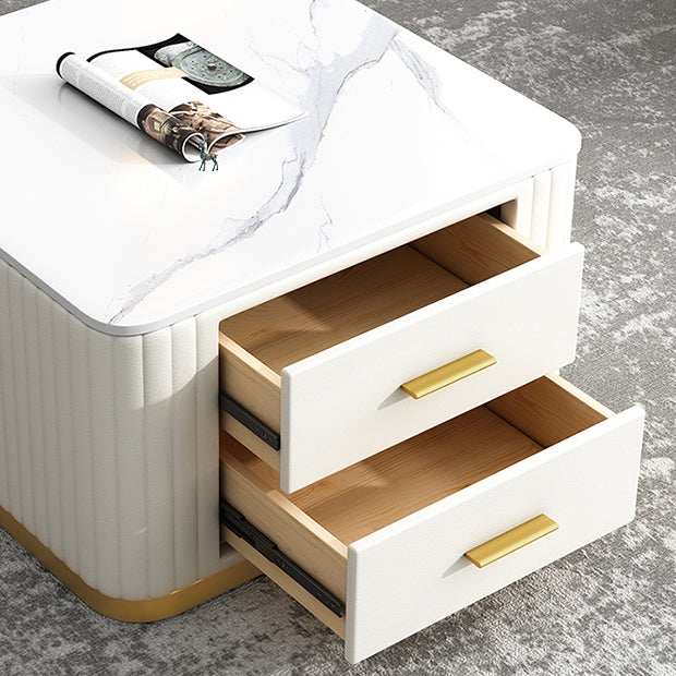 Modern Square Stone Coffee Table with Drawers 2 Nesting Cocktail Table Set