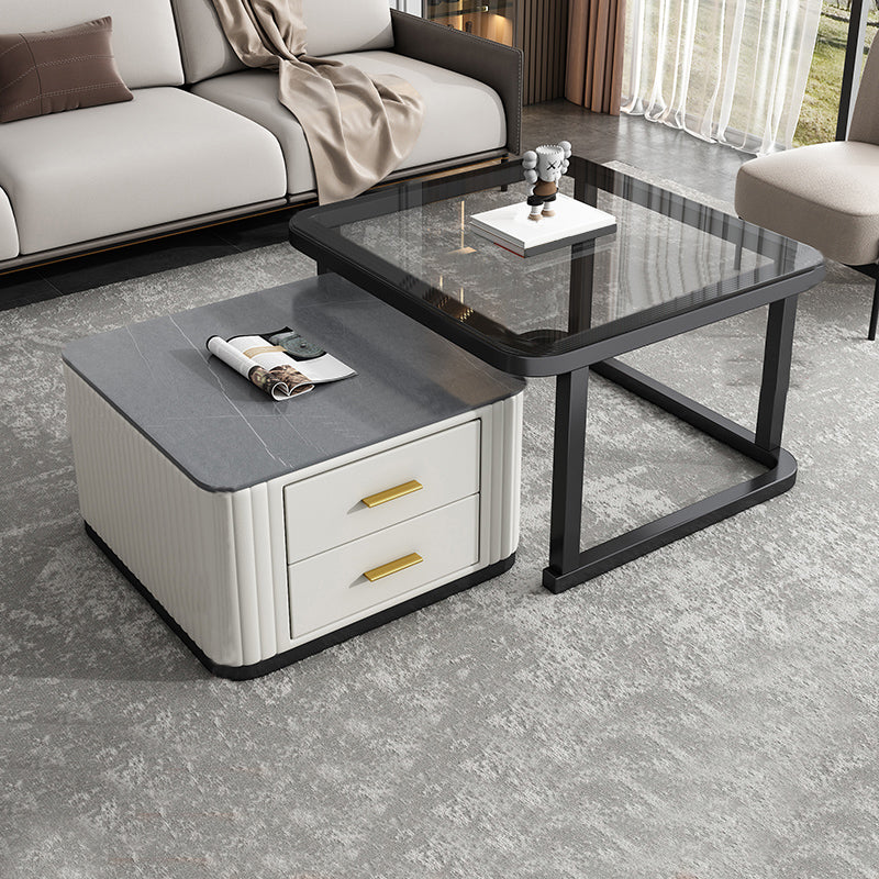 Modern Square Stone Coffee Table with Drawers 2 Nesting Cocktail Table Set
