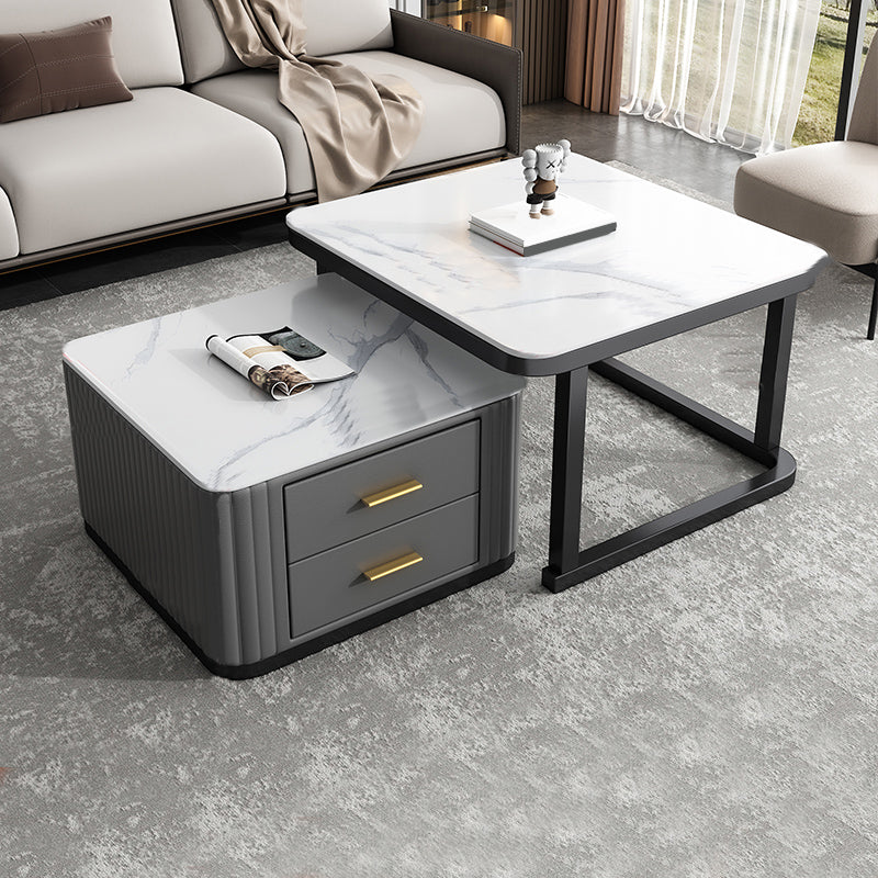 Modern Square Stone Coffee Table with Drawers 2 Nesting Cocktail Table Set