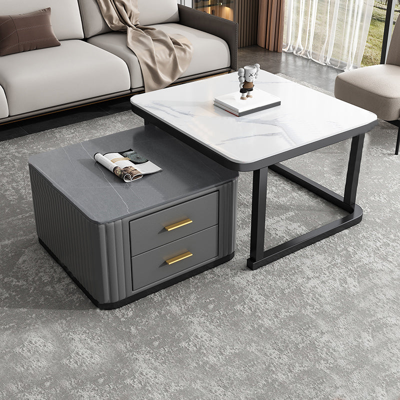 Modern Square Stone Coffee Table with Drawers 2 Nesting Cocktail Table Set