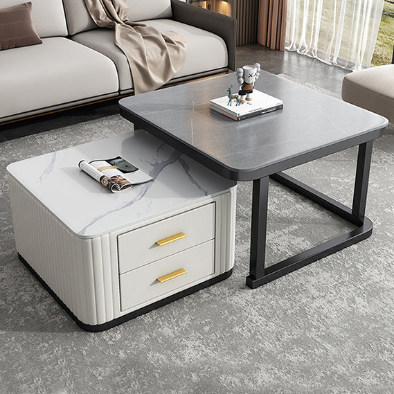 Modern Square Stone Coffee Table with Drawers 2 Nesting Cocktail Table Set