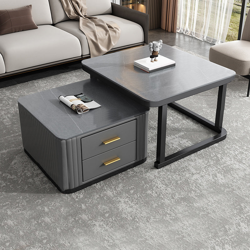 Modern Square Stone Coffee Table with Drawers 2 Nesting Cocktail Table Set