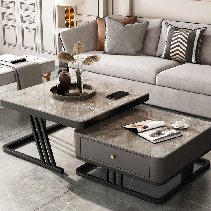 Square Slate Frame Cocktail Table with Drawers 2 Nesting Coffee Table Set