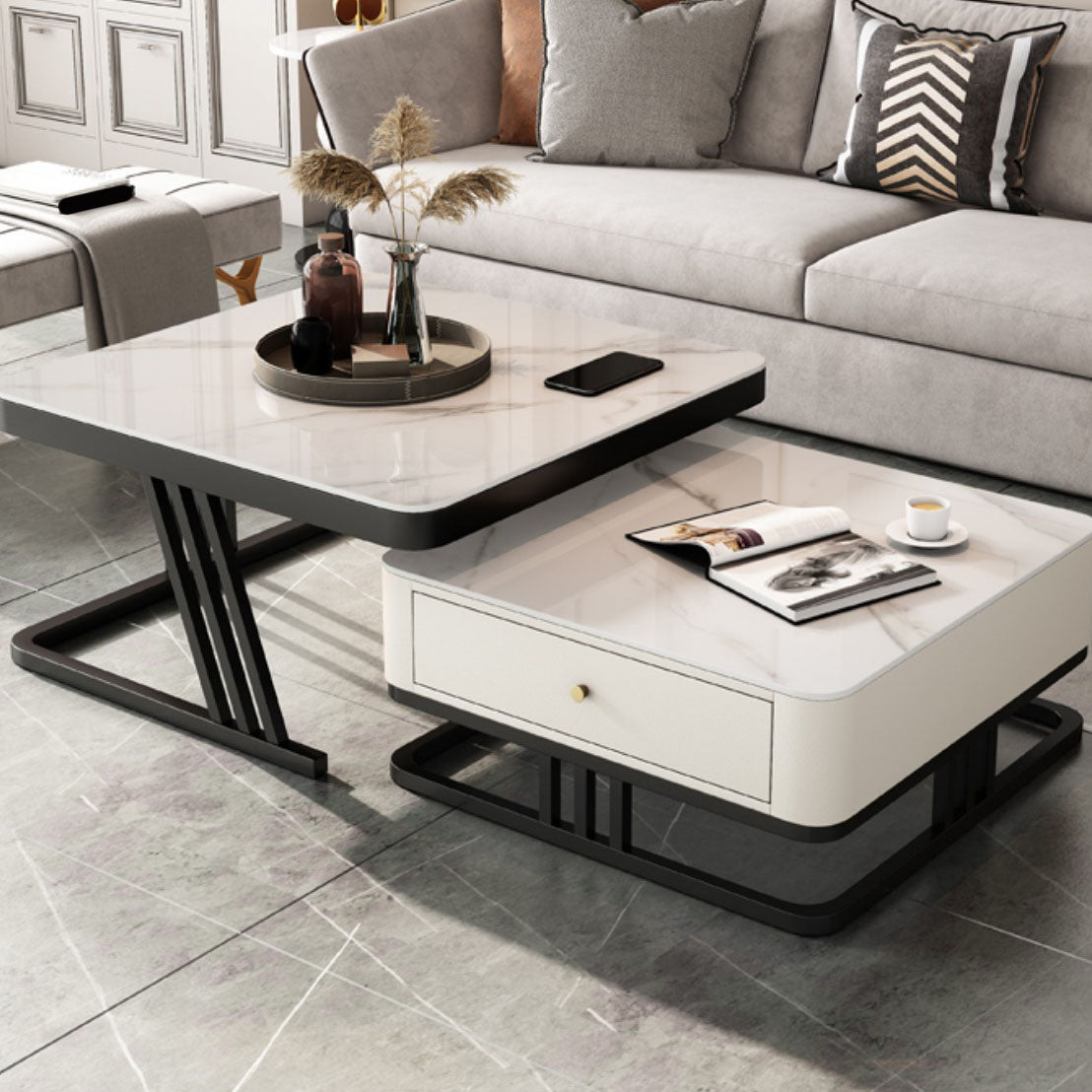 Square Slate Frame Cocktail Table with Drawers 2 Nesting Coffee Table Set