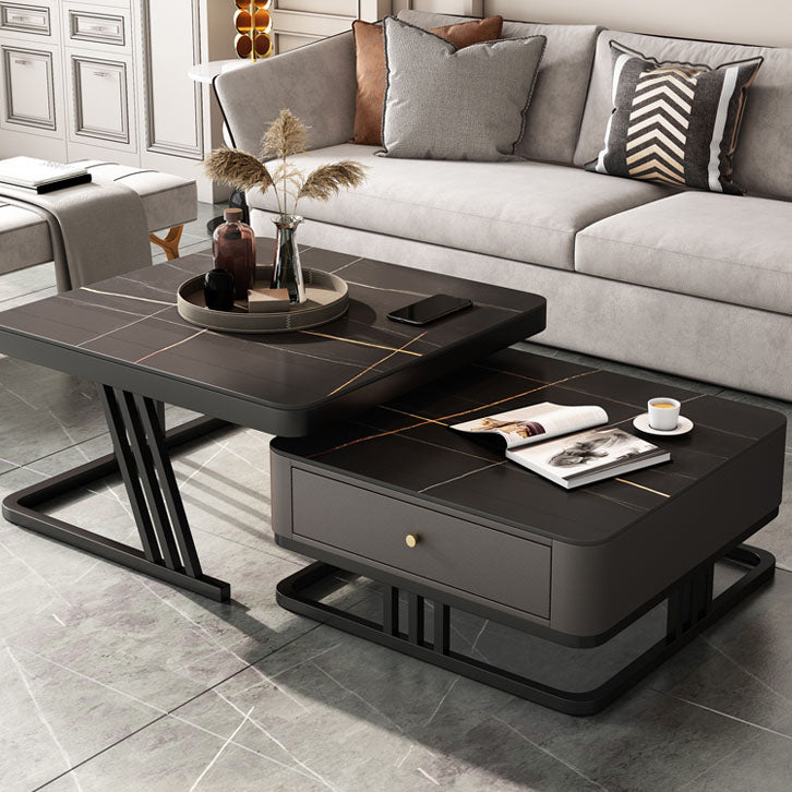 Square Slate Frame Cocktail Table with Drawers 2 Nesting Coffee Table Set