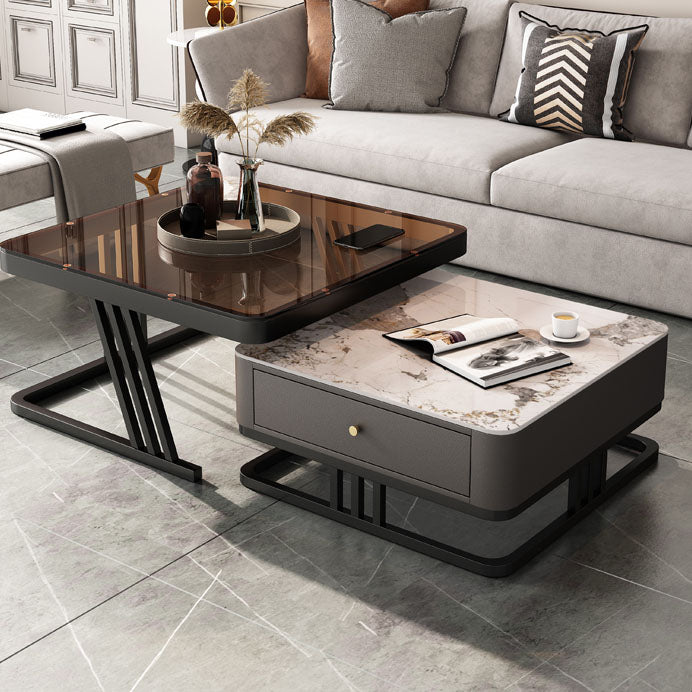 Square Slate Frame Cocktail Table with Drawers 2 Nesting Coffee Table Set