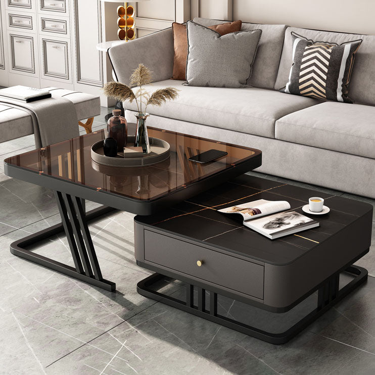 Square Slate Frame Cocktail Table with Drawers 2 Nesting Coffee Table Set