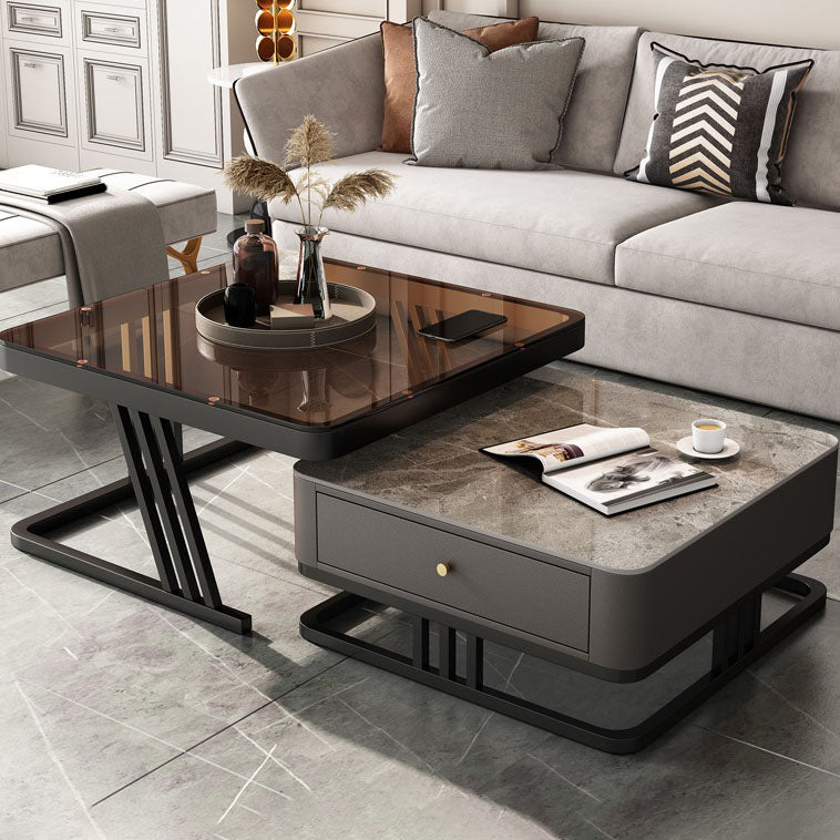 Square Slate Frame Cocktail Table with Drawers 2 Nesting Coffee Table Set