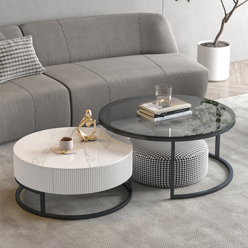 Frame Coffee Table Glass Top Cocktail Table with Storage Drawers