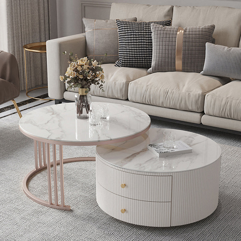 Glam Nesting Coffee Table Set Drum Round Slate Coffee Table with Drawers