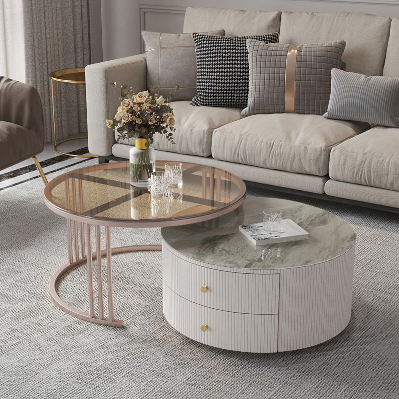 Glam Nesting Coffee Table Set Drum Round Slate Coffee Table with Drawers