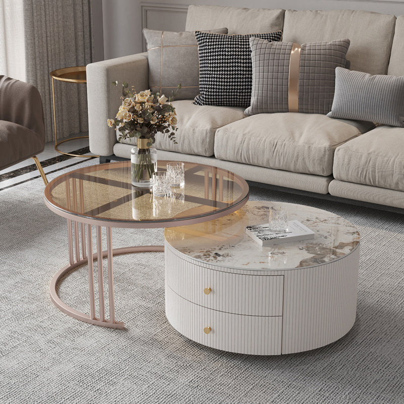 Glam Nesting Coffee Table Set Drum Round Slate Coffee Table with Drawers