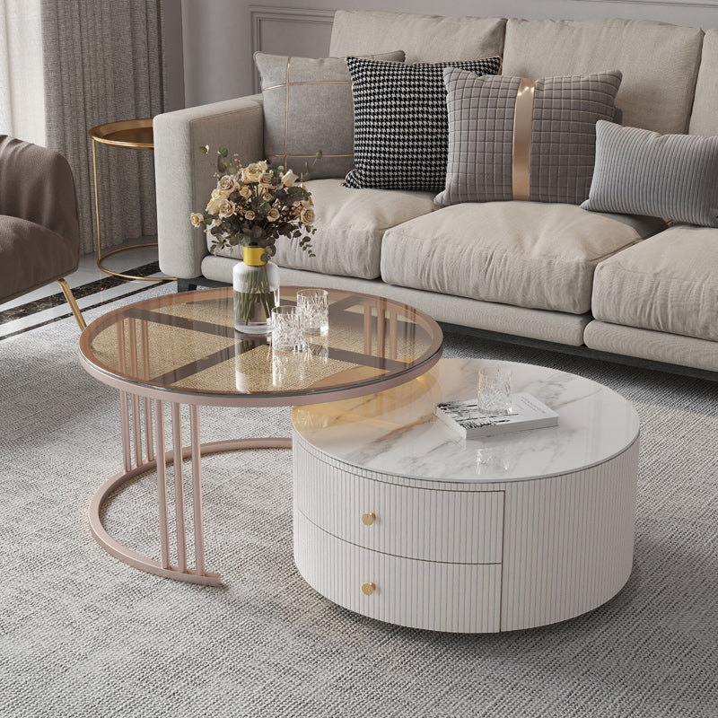 Glam Nesting Coffee Table Set Drum Round Slate Coffee Table with Drawers