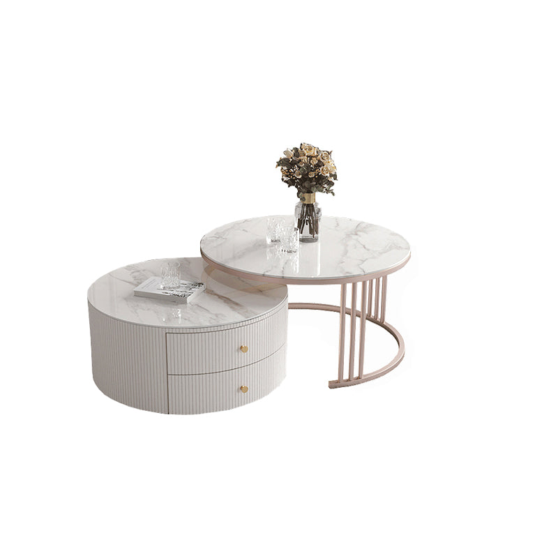 Glam Nesting Coffee Table Set Drum Round Slate Coffee Table with Drawers