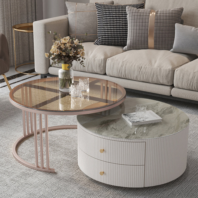 Glam Nesting Coffee Table Set Drum Round Slate Coffee Table with Drawers