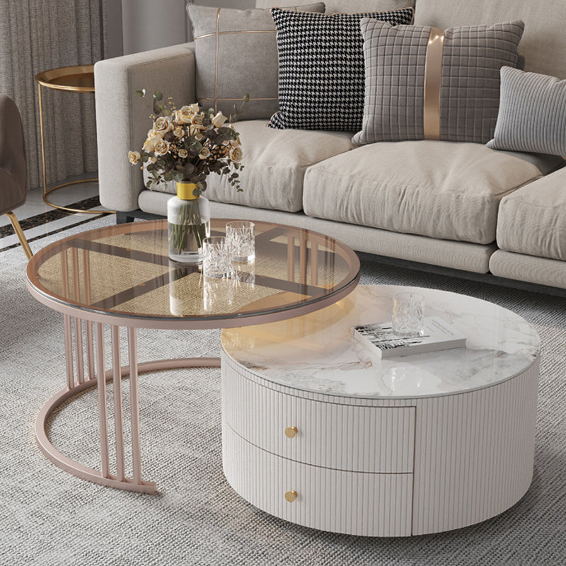 Glam Nesting Coffee Table Set Drum Round Slate Coffee Table with Drawers