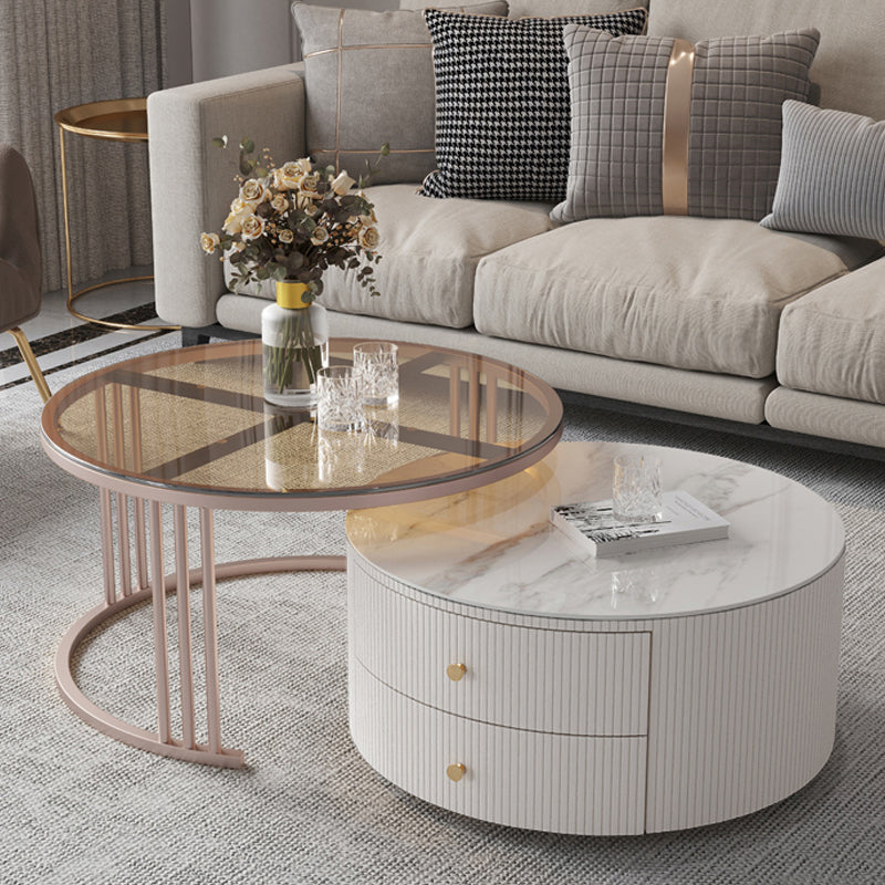 Glam Nesting Coffee Table Set Drum Round Slate Coffee Table with Drawers