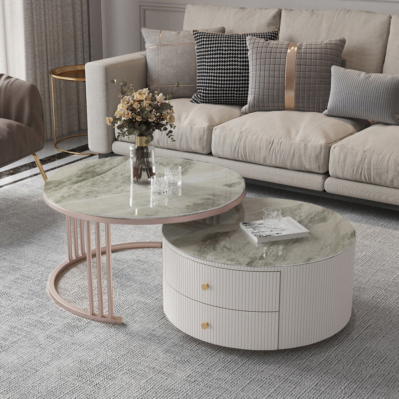 Glam Nesting Coffee Table Set Drum Round Slate Coffee Table with Drawers