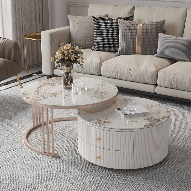 Glam Nesting Coffee Table Set Drum Round Slate Coffee Table with Drawers