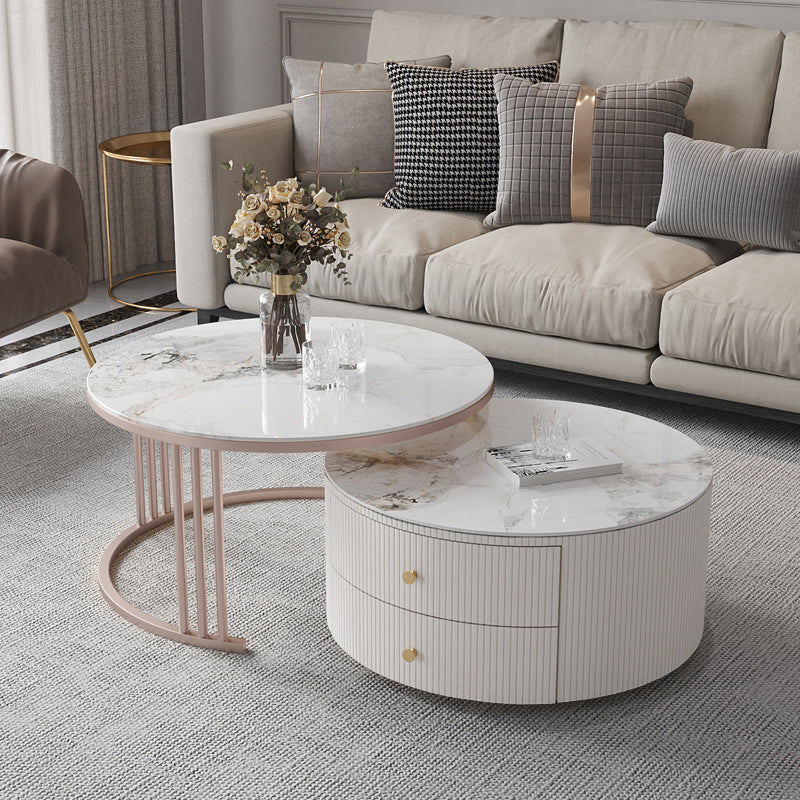 Glam Nesting Coffee Table Set Drum Round Slate Coffee Table with Drawers
