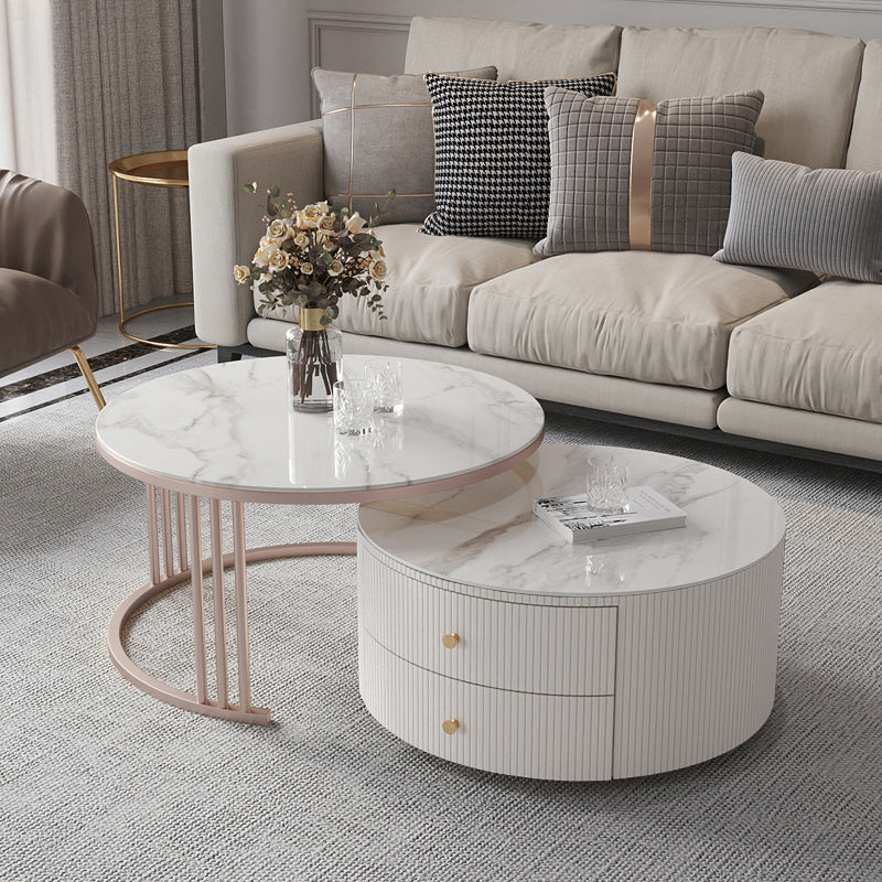 Glam Nesting Coffee Table Set Drum Round Slate Coffee Table with Drawers