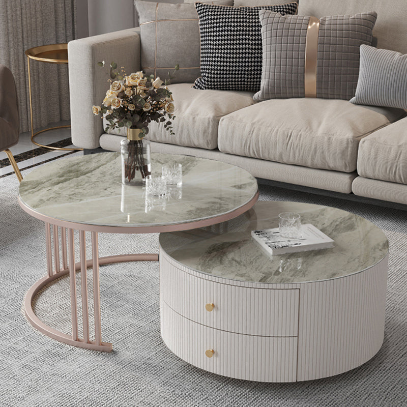 Glam Nesting Coffee Table Set Drum Round Slate Coffee Table with Drawers