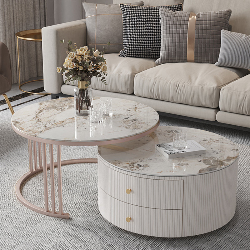 Glam Nesting Coffee Table Set Drum Round Slate Coffee Table with Drawers