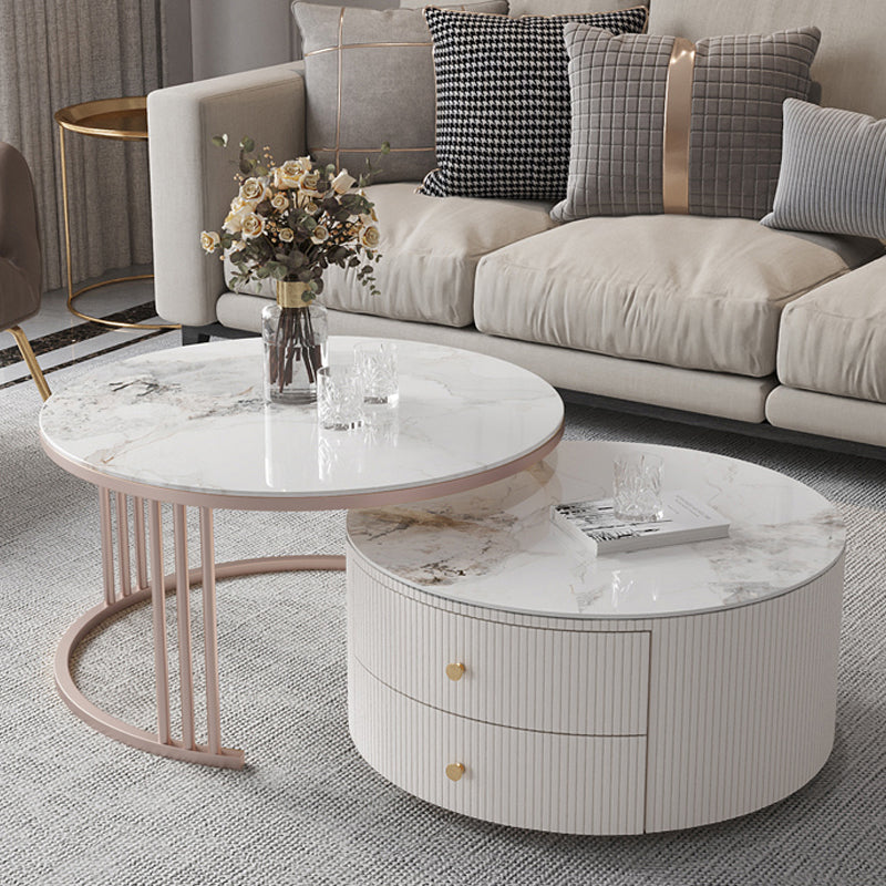 Glam Nesting Coffee Table Set Drum Round Slate Coffee Table with Drawers