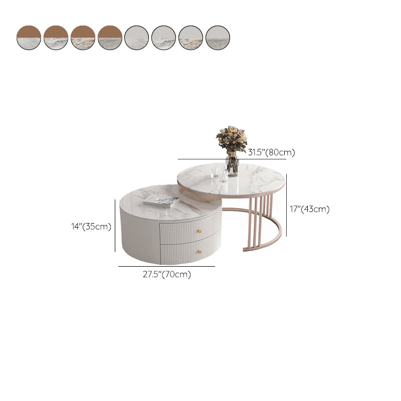 Glam Nesting Coffee Table Set Drum Round Slate Coffee Table with Drawers