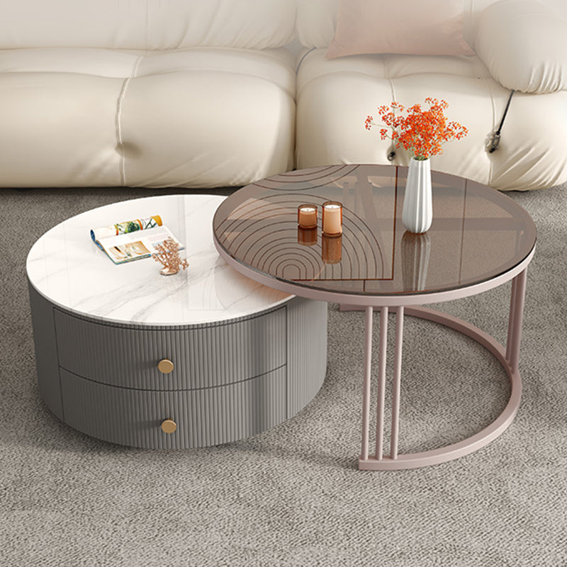 Glam Nesting Coffee Table Set Frame Round Slate Coffee Table with Drawers