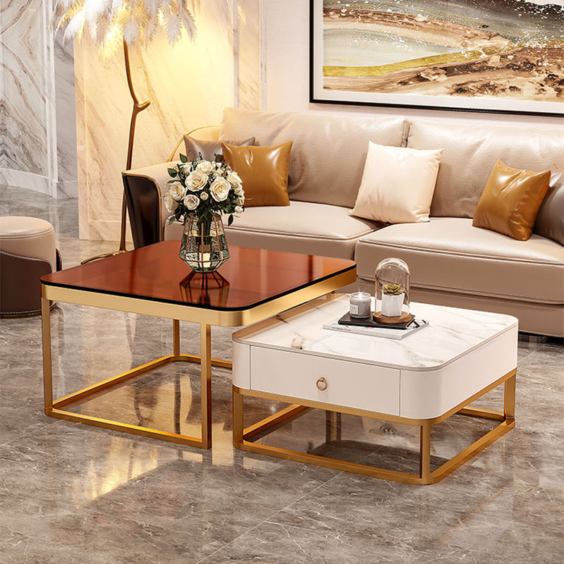 Glam Frame Coffee Table Slate/Glass Top Coffee Cocktail Table with Drawers