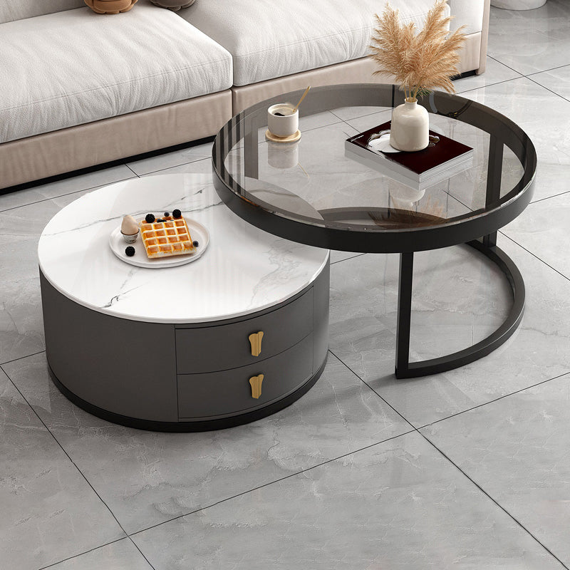 Modern Round Glass Cocktail Table Set Iron Frame Coffee Table with Drawers