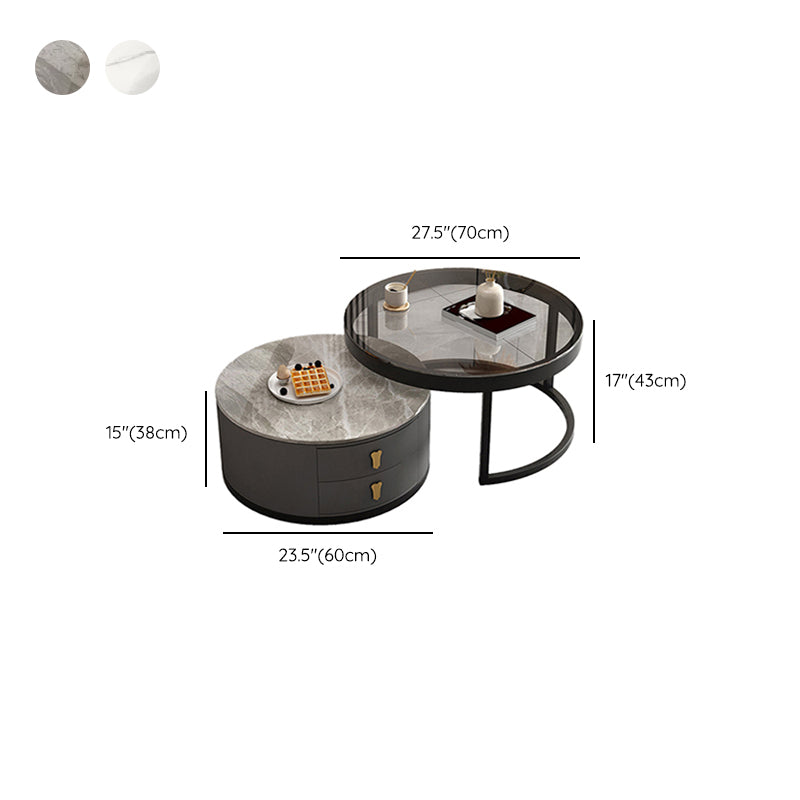 Modern Round Glass Cocktail Table Set Iron Frame Coffee Table with Drawers