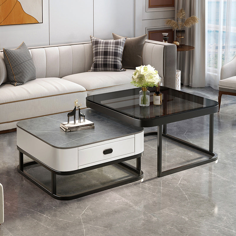 Modern 2 Nesting Glass Coffee Table Set Steel Frame Base 1 - Drawer Cocktail Table