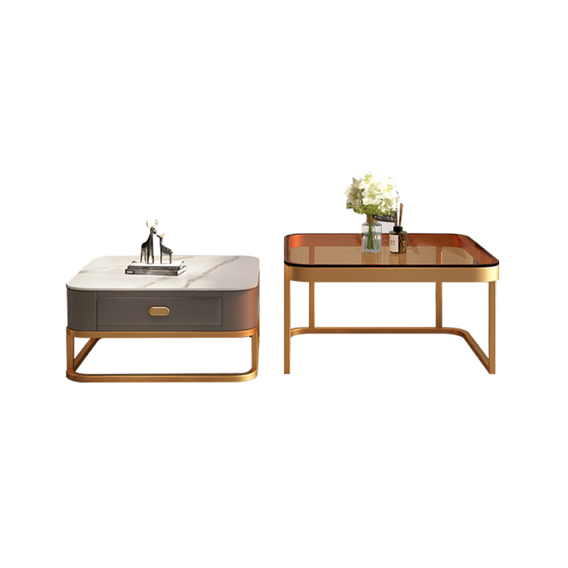 Modern 2 Nesting Glass Coffee Table Set Steel Frame Base 1 - Drawer Cocktail Table