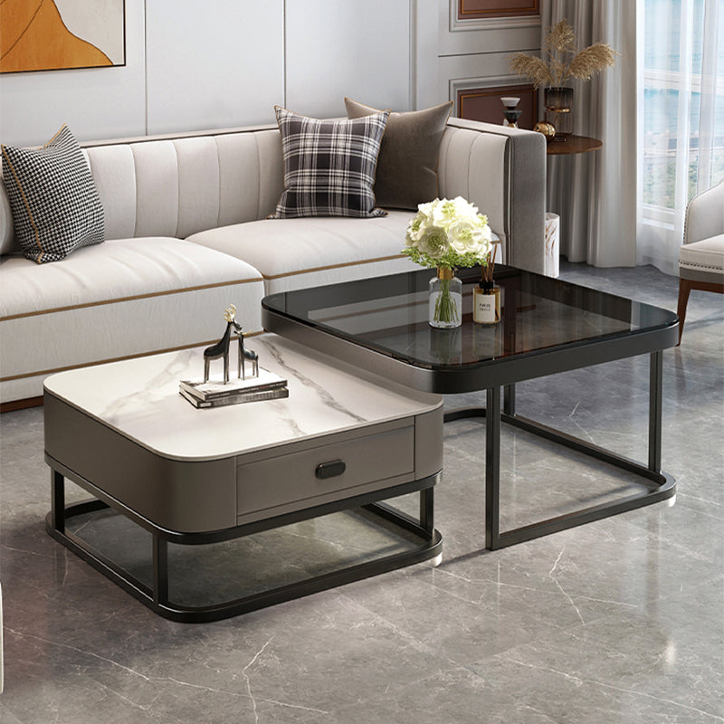 Modern 2 Nesting Glass Coffee Table Set Steel Frame Base 1 - Drawer Cocktail Table