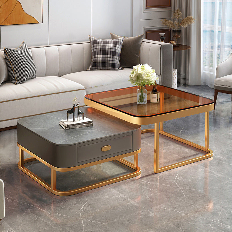 Modern 2 Nesting Glass Coffee Table Set Steel Frame Base 1 - Drawer Cocktail Table