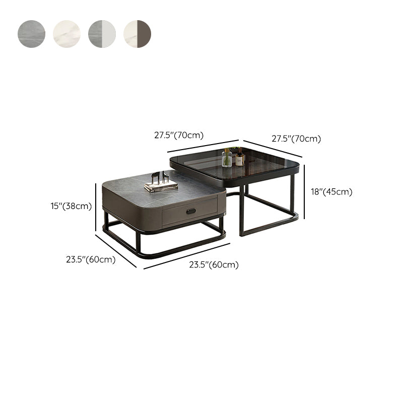 Modern 2 Nesting Glass Coffee Table Set Steel Frame Base 1 - Drawer Cocktail Table