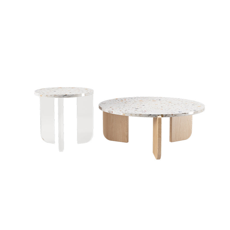 Round Terrazzo Coffee Cocktail Table Set with Acrylic/Ash Legs