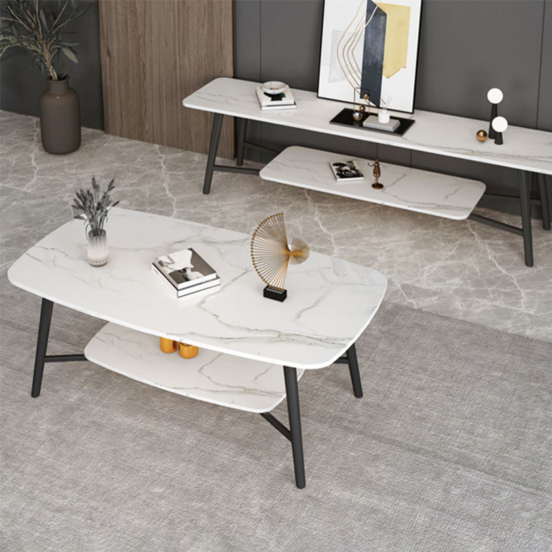 Rectangular Slate Top Coffee Table 4 Legs 1 Single Cocktail Table with Storage Shelf