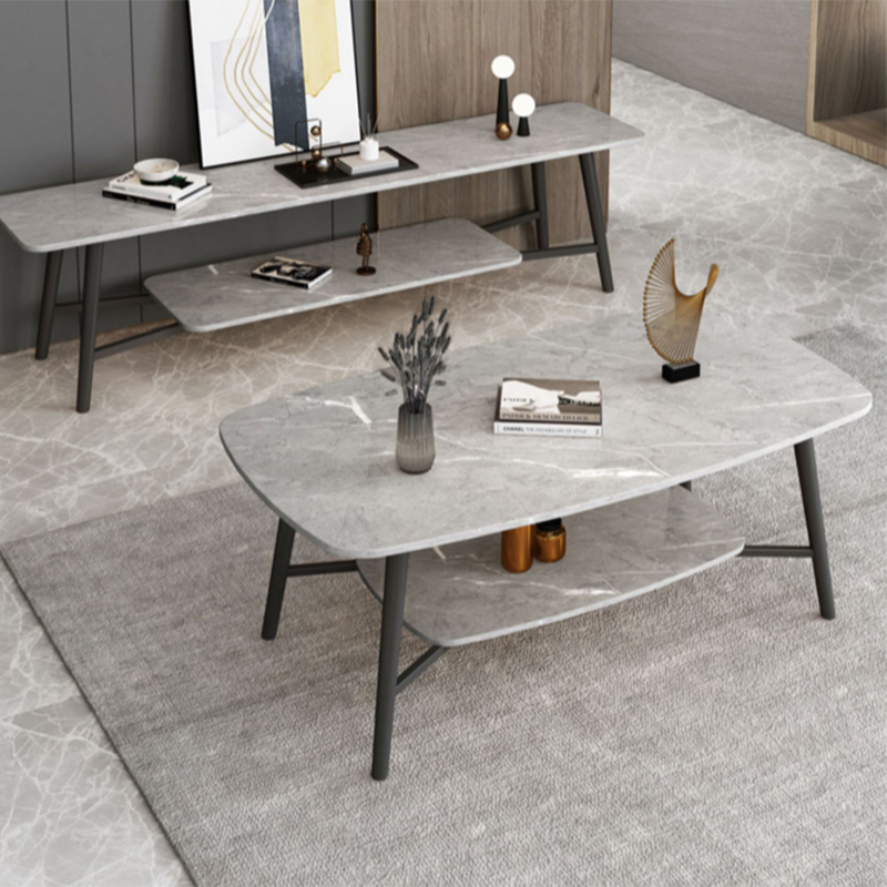 Rectangular Slate Top Coffee Table 4 Legs 1 Single Cocktail Table with Storage Shelf