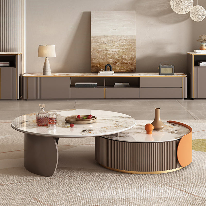 Round Coffee Table Slate Glam Nesting Coffee Table Set with Drawer