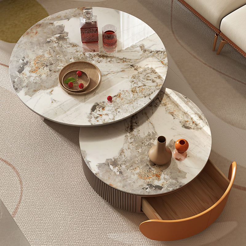 Round Coffee Table Slate Glam Nesting Coffee Table Set with Drawer