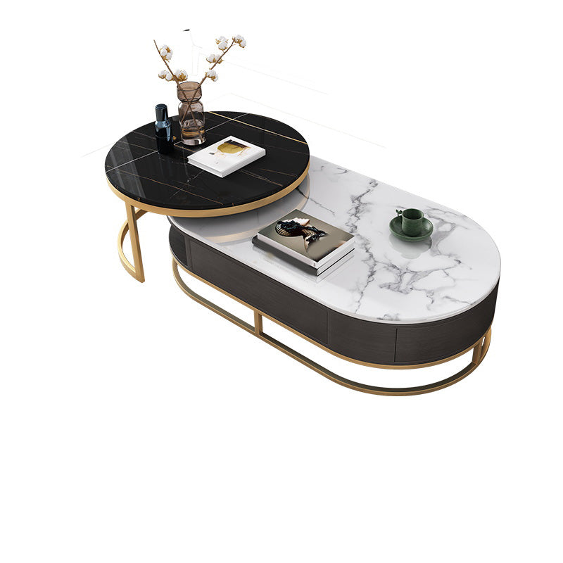 Frame Oval Coffee Table Glam Nesting Coffee Table Set with Drawer