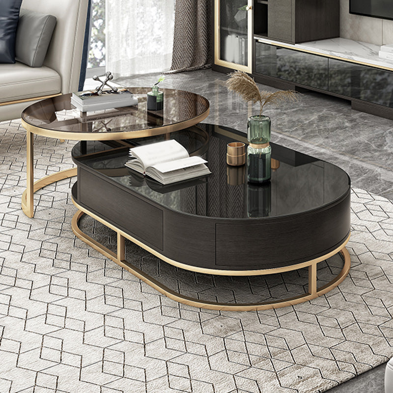 Frame Oval Coffee Table Glam Nesting Coffee Table Set with Drawer