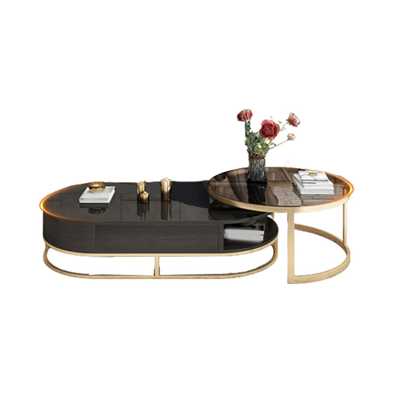 Frame Oval Coffee Table Glam Nesting Coffee Table Set with Drawer