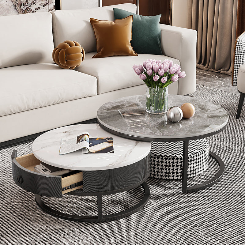 Slate Round Frame Coffee Table Modern Nesting Coffee Table Set with Drawer